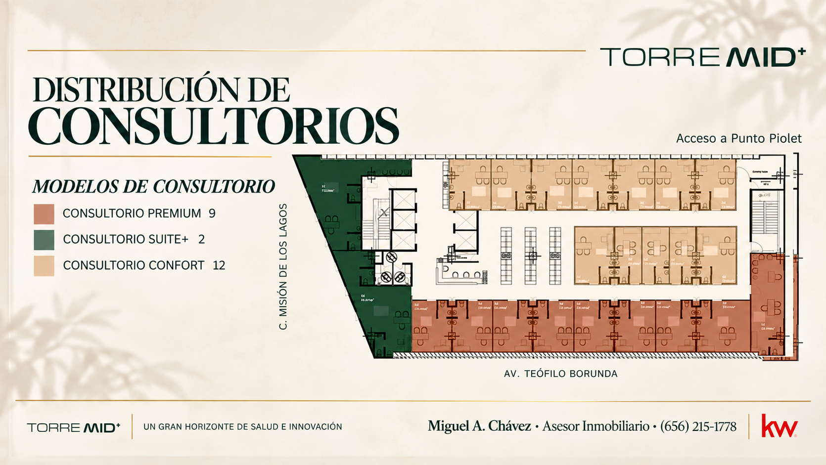 Distribución de consultorios de Torre MID+: modelos Premium, Suite+ y Confort